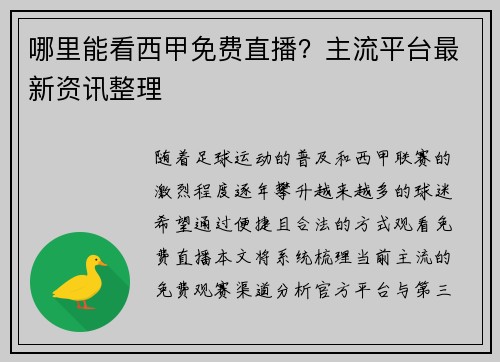 哪里能看西甲免费直播？主流平台最新资讯整理